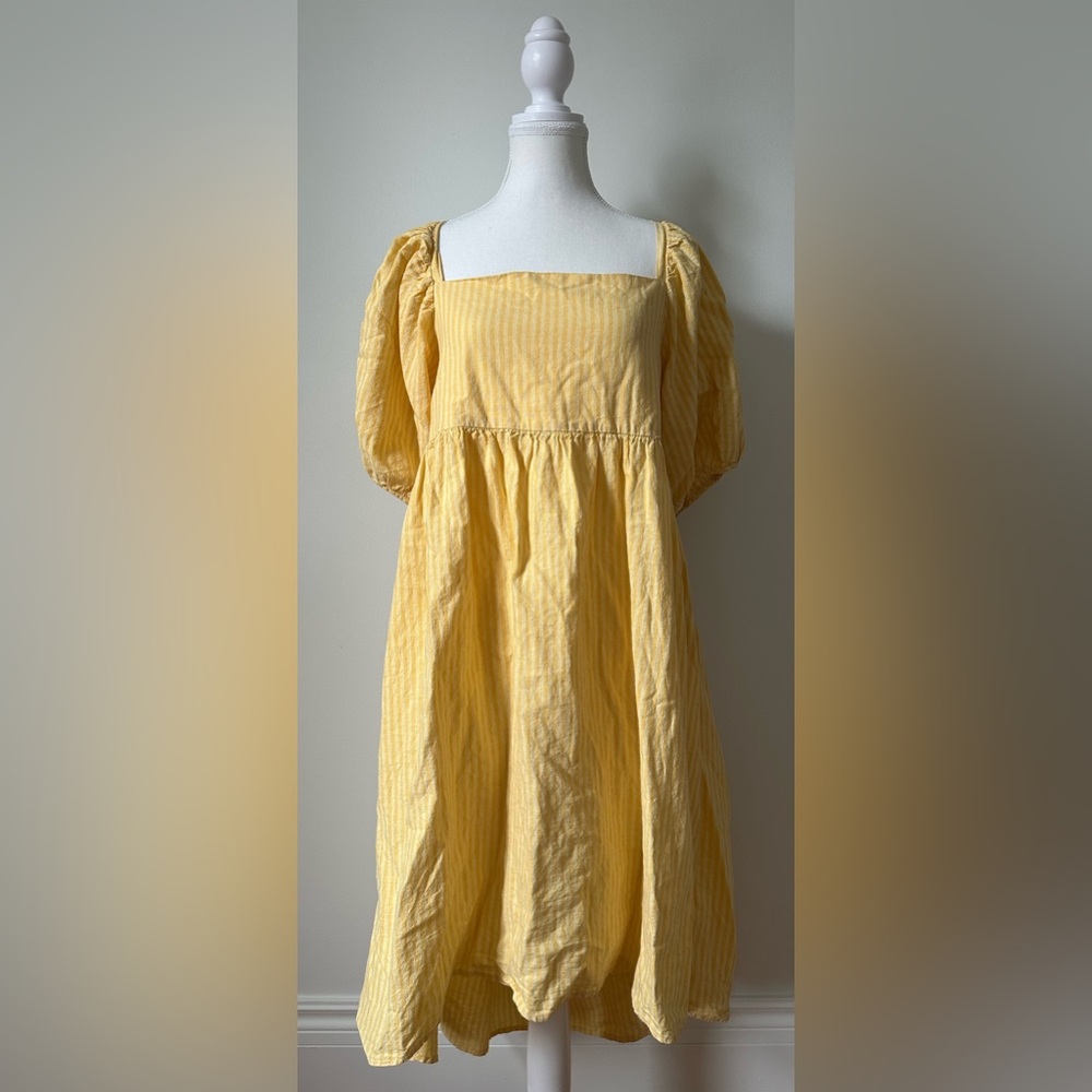 JF X JILLIAN HARRIS Yellow Striped Cotton Linen High Low Tie Back Dress Size XL - Picture 3 of 9